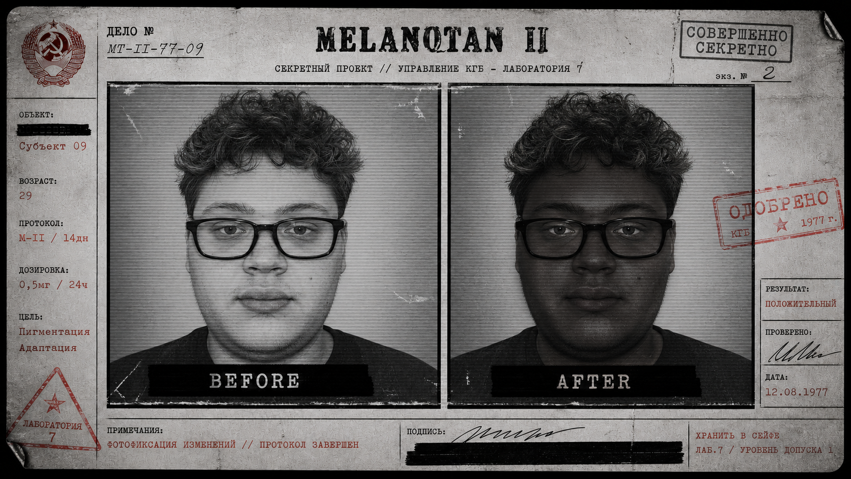 Fictional before and after dossier panel