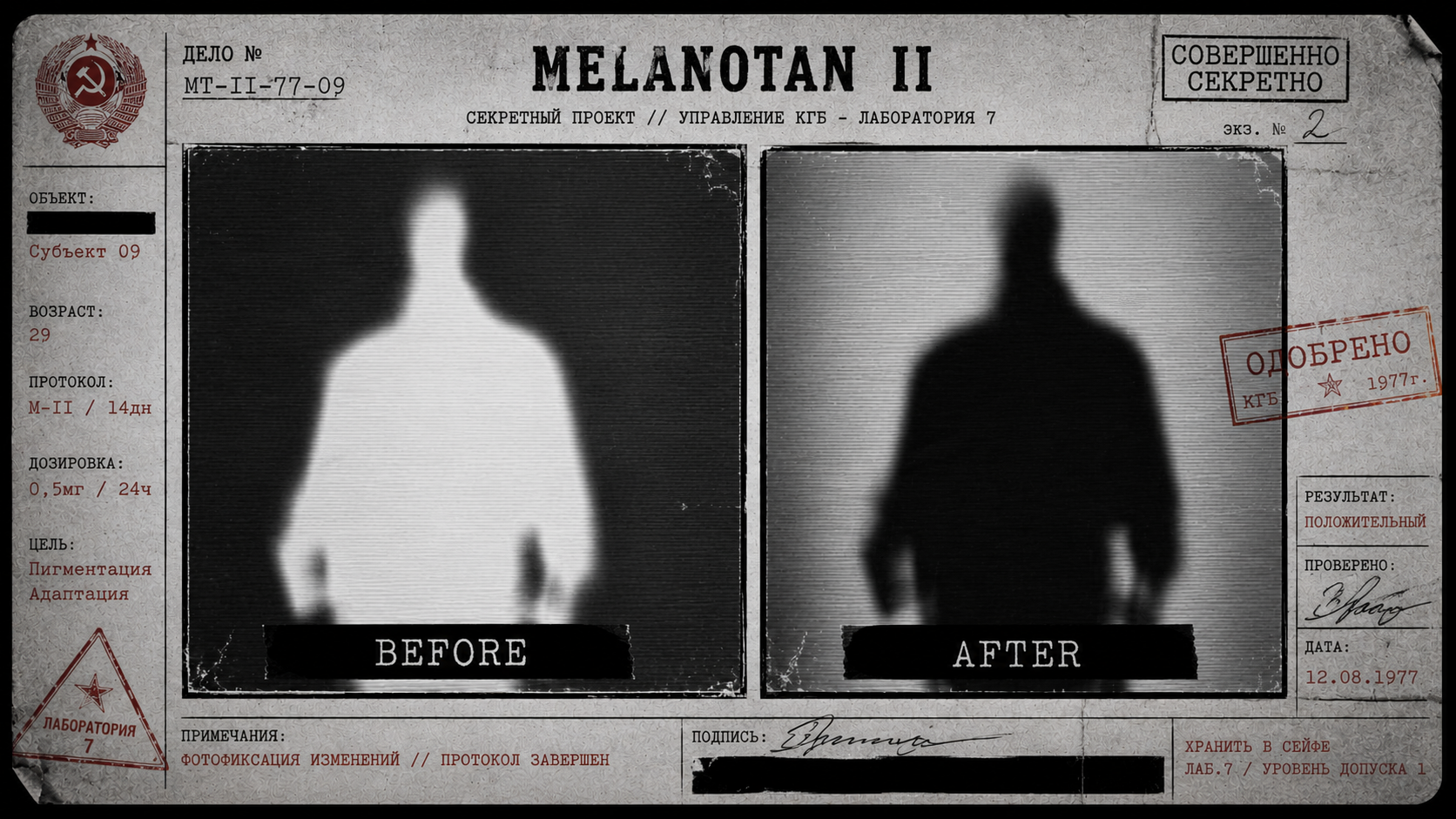 Fictional before and after dossier panel