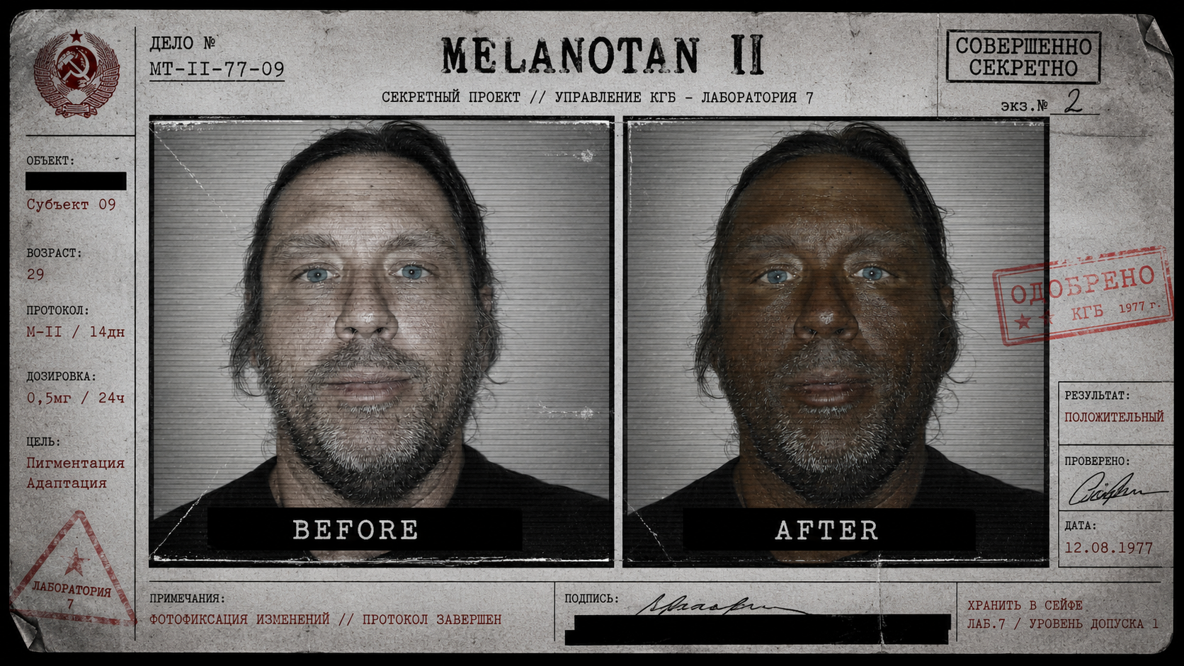 Fictional before and after dossier panel